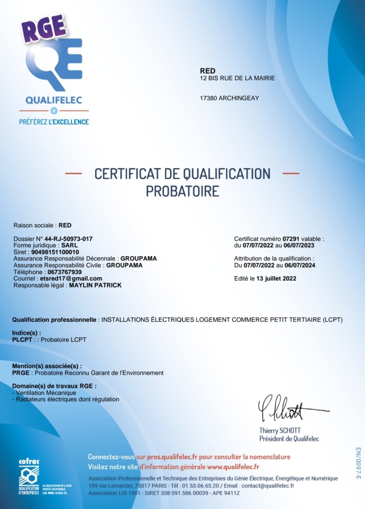 Red Professionnel Patrick Maylin Reconnu garant de l'environnement (RGE)